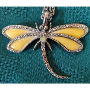 DragonFly Bug Necklace Costume Jewelry Yellow Silver Tone Good Luck Rhinestones